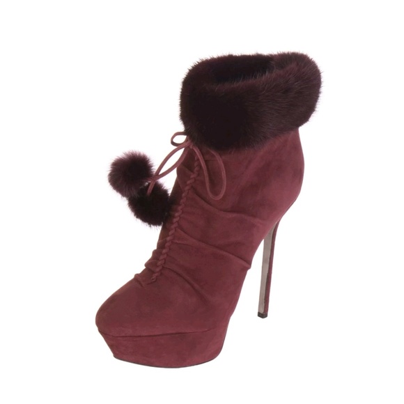 NEW Sergio Rossi Mink/ Suede Burgundy Red Boots - Picture 3 of 8